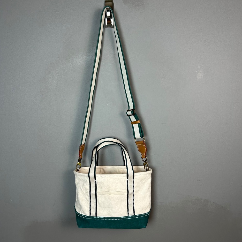 J.Crew Mini Montauk Tote Bag Green Natural Canvas Crossbody Preppy New England - Picture 9 of 14